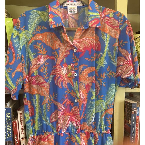 Gretchen Scott Button Up Maxi Dress Tropical Cruise M 8 10 Floral Blue Orange - Picture 2 of 5